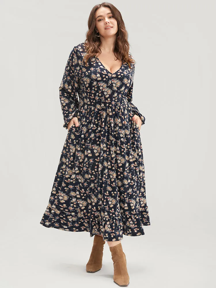 Ditsy Floral Pocket Lantern Sleeve Shirred Flutter Dress sold by Bloomchic