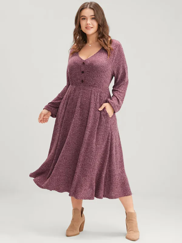 Solid Button Detail Pocket Rib Knit Flutter Dress sold by Bloomchic