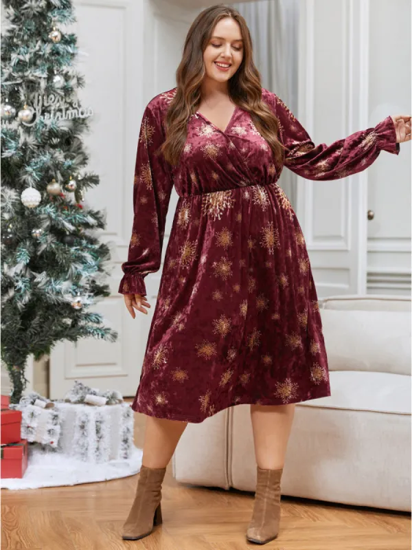 Snowflake Print Surplice Neck Pocket Ruffle Velvet Dress sold by Bloomchic