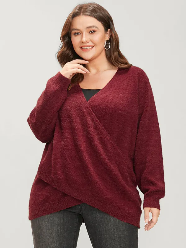Solid Soft Plush Knit Crossover Hem Knit Top sold by Bloomchic