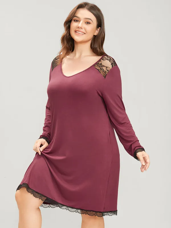Solid Contrast Lace V Neck Sleep Dress sold by Bloomchic
