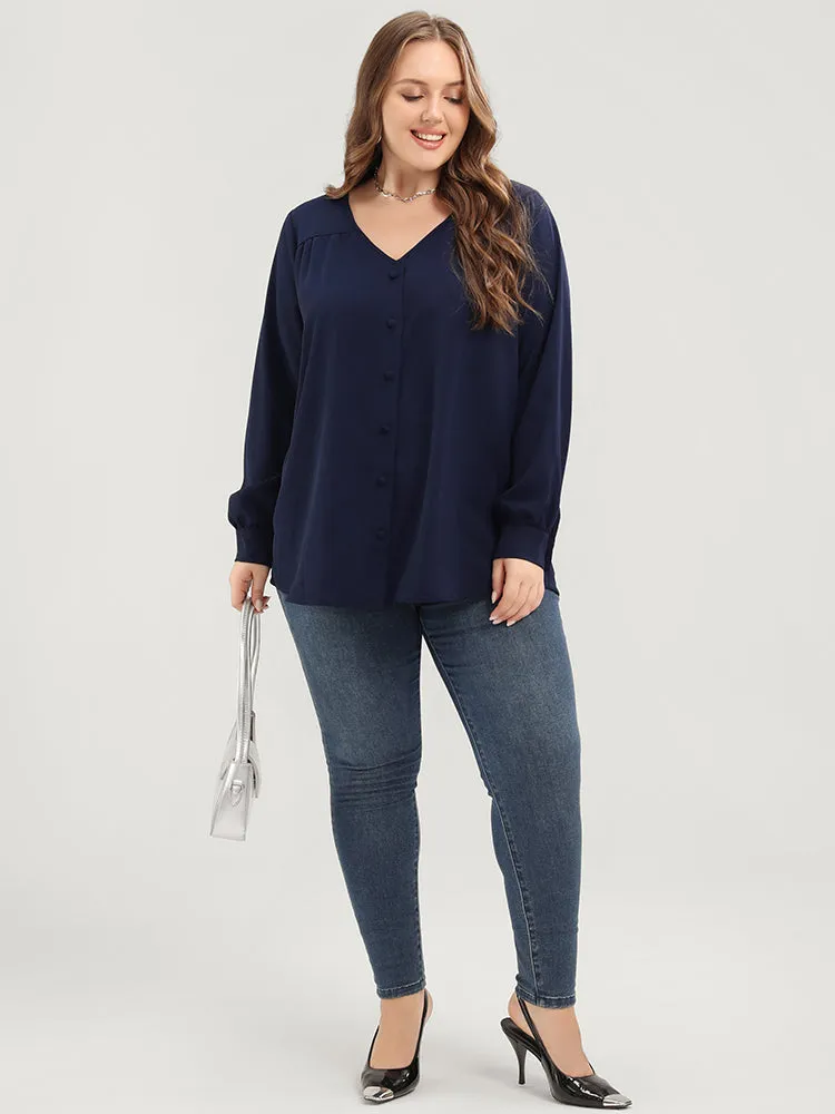 Solid Button Detail Gathered V Neck Blouse sold by Bloomchic product image thumbnail 5