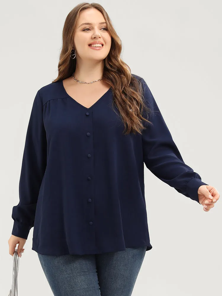 Solid Button Detail Gathered V Neck Blouse sold by Bloomchic product image thumbnail 2