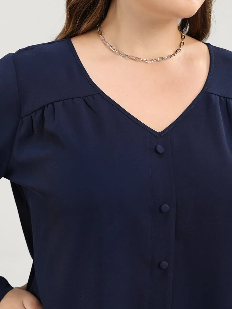 Solid Button Detail Gathered V Neck Blouse sold by Bloomchic product image thumbnail 3