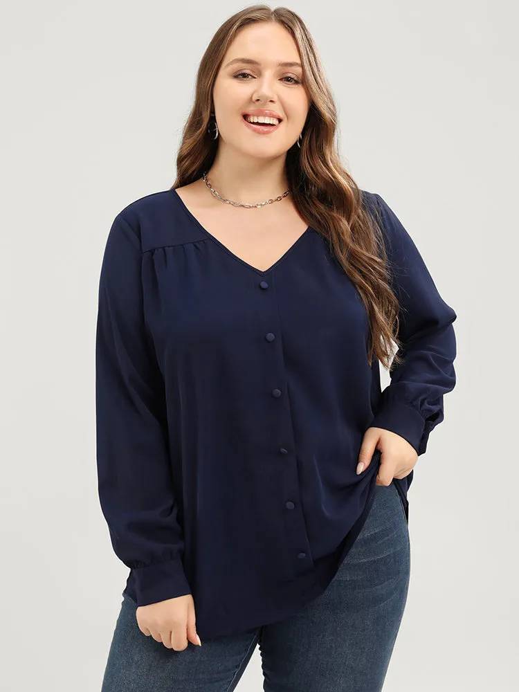 Solid Button Detail Gathered V Neck Blouse sold by Bloomchic