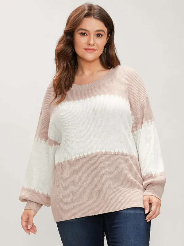 Colorblock Contrast Pointelle Knit Lantern Sleeve Round Neck Knit Top sold by Bloomchic
