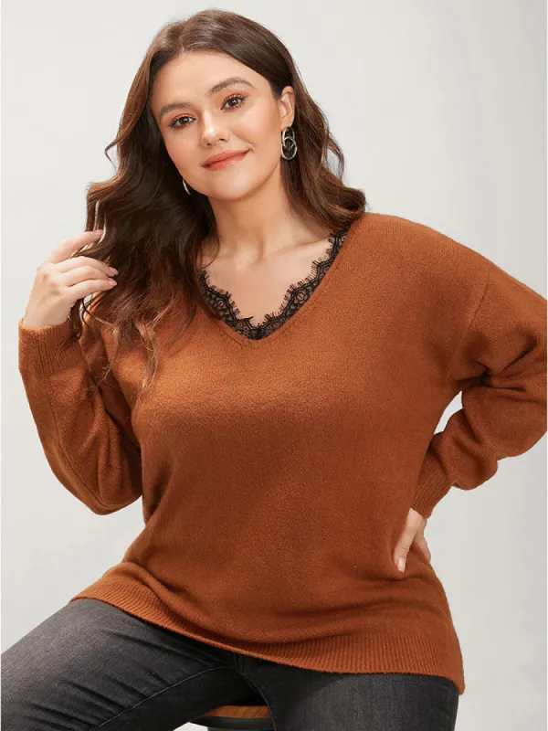 Solid Pointelle Knit Lace Trim V Neck Knit Top sold by Bloomchic