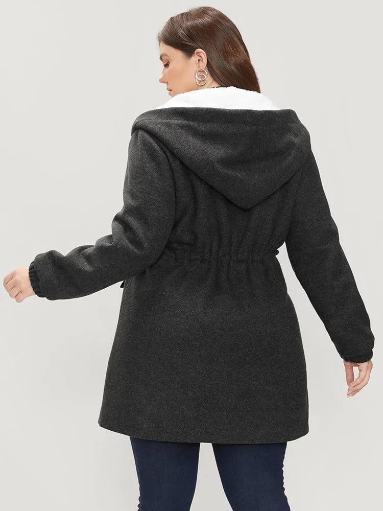 Solid Flap Pocket Button Up Drawstring Teddy Lined Hooded Coat sold by Bloomchic product image thumbnail 4
