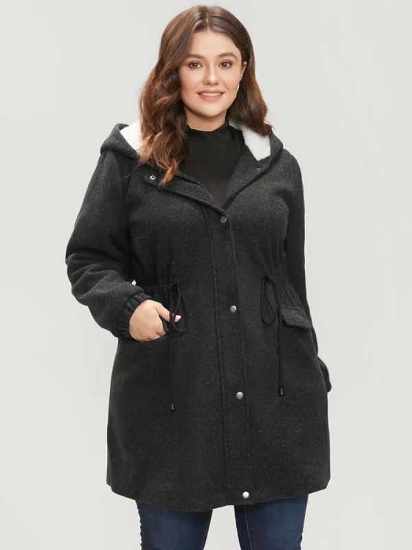 Solid Flap Pocket Button Up Drawstring Teddy Lined Hooded Coat sold by Bloomchic