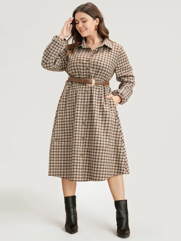 Gingham Pocket Button Up Shirt Collar Dress Without Belt sold by Bloomchic