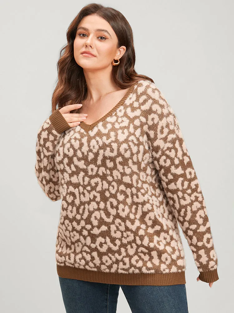 Leopard Pointelle Knit V Neck Fluffy Knit Top sold by Bloomchic product image thumbnail 5