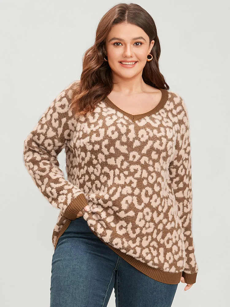 Leopard Pointelle Knit V Neck Fluffy Knit Top sold by Bloomchic product image thumbnail 4