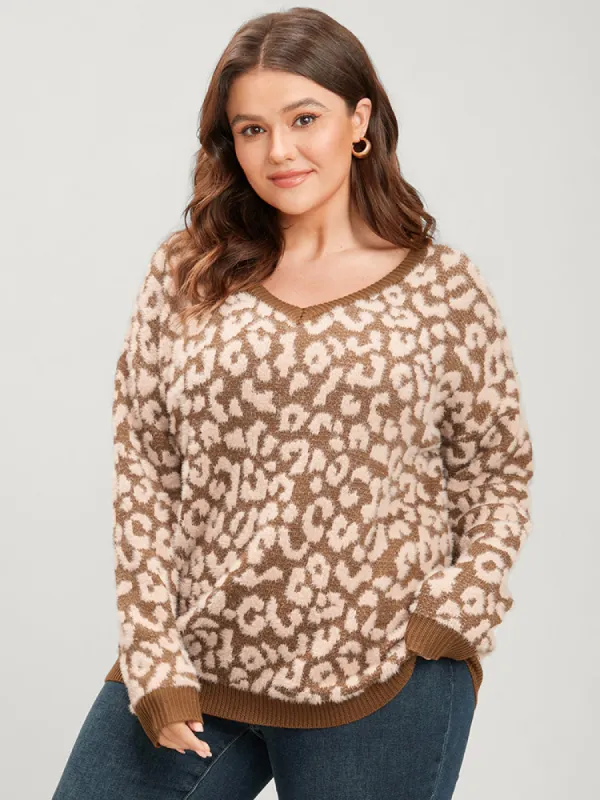 Leopard Pointelle Knit V Neck Fluffy Knit Top sold by Bloomchic