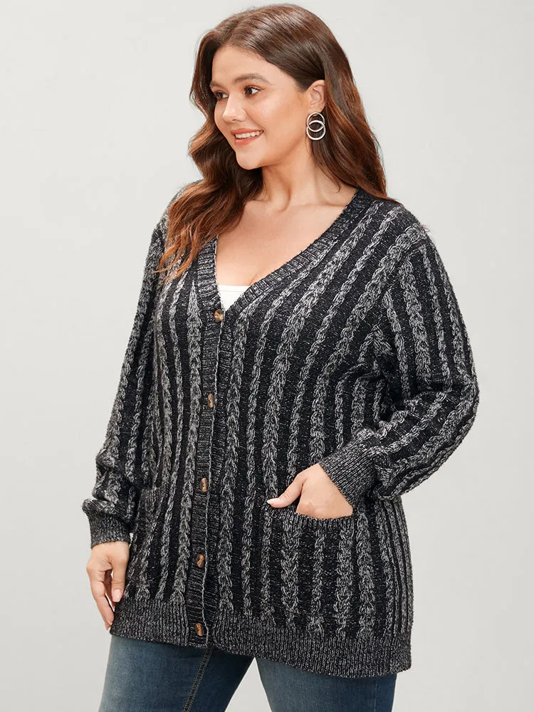 Striped Contrast Pointelle Knit Pocket Button Front Heather Cardigan sold by Bloomchic product image thumbnail 2