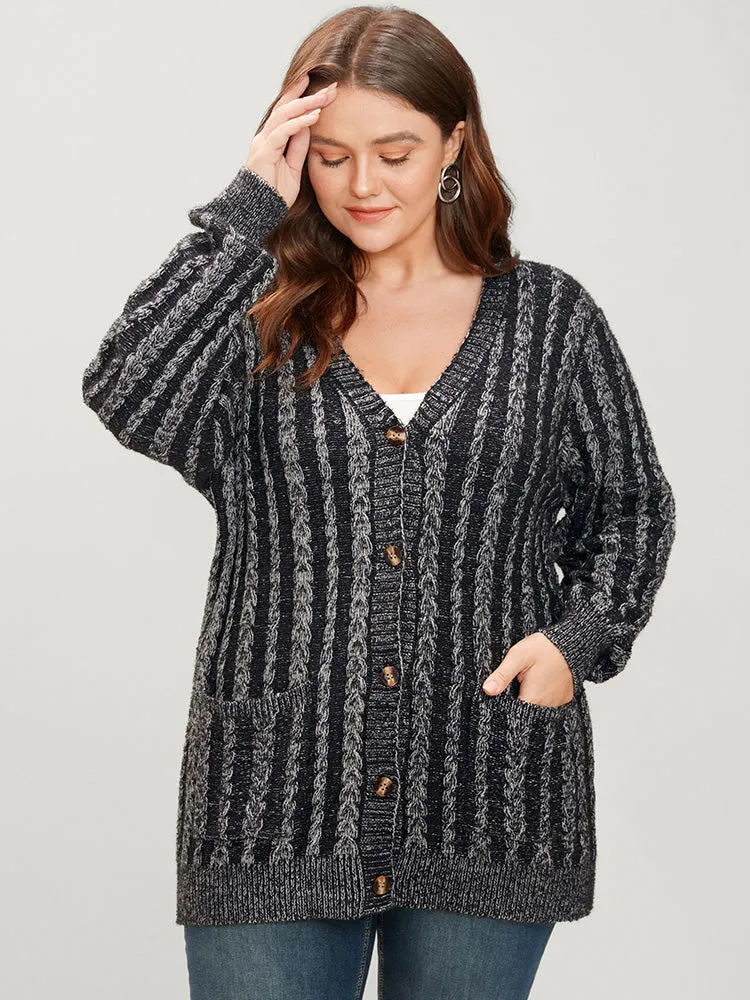 Striped Contrast Pointelle Knit Pocket Button Front Heather Cardigan sold by Bloomchic product image thumbnail 3