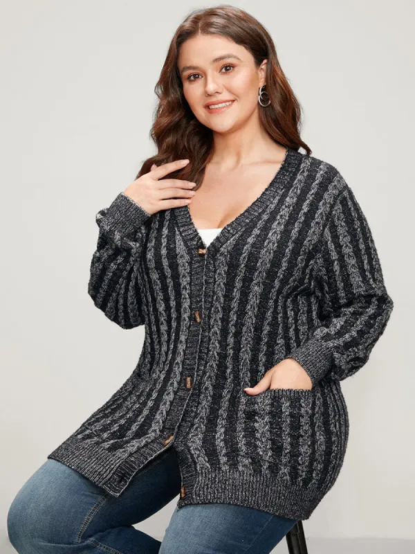 Striped Contrast Pointelle Knit Pocket Button Front Heather Cardigan sold by Bloomchic