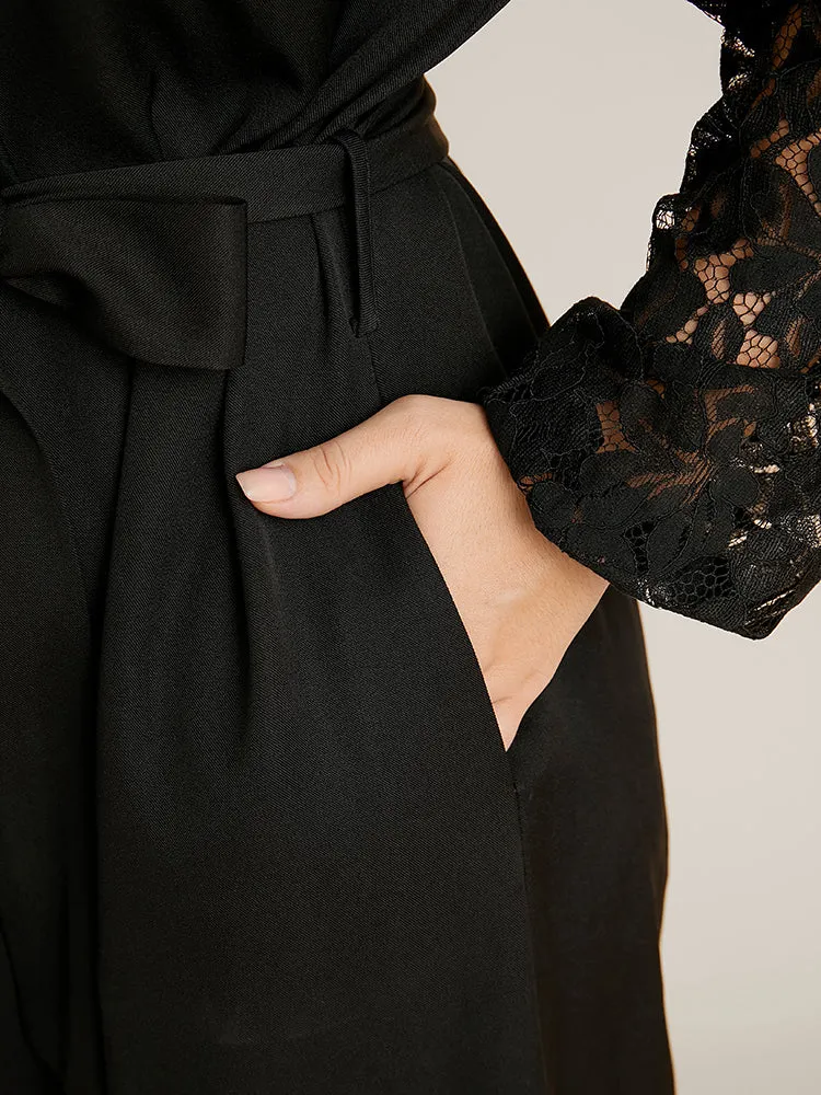 Solid Round Neck Belted Contrast Lace Midi Dress sold by Bloomchic product image thumbnail 4