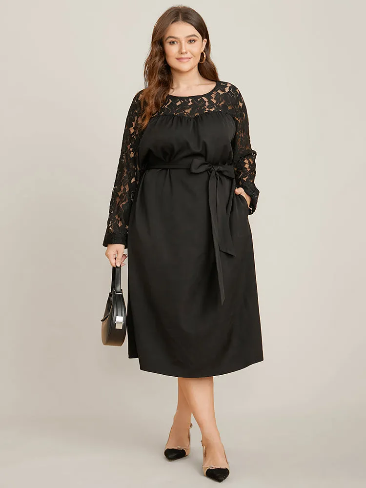 Solid Round Neck Belted Contrast Lace Midi Dress sold by Bloomchic