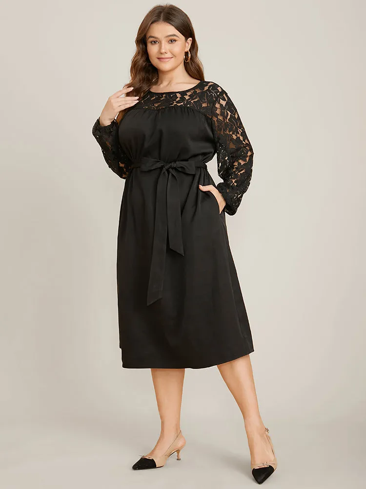 Solid Round Neck Belted Contrast Lace Midi Dress sold by Bloomchic product image thumbnail 5