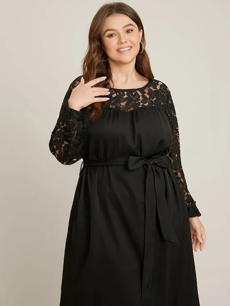 Solid Round Neck Belted Contrast Lace Midi Dress sold by Bloomchic product image thumbnail 3