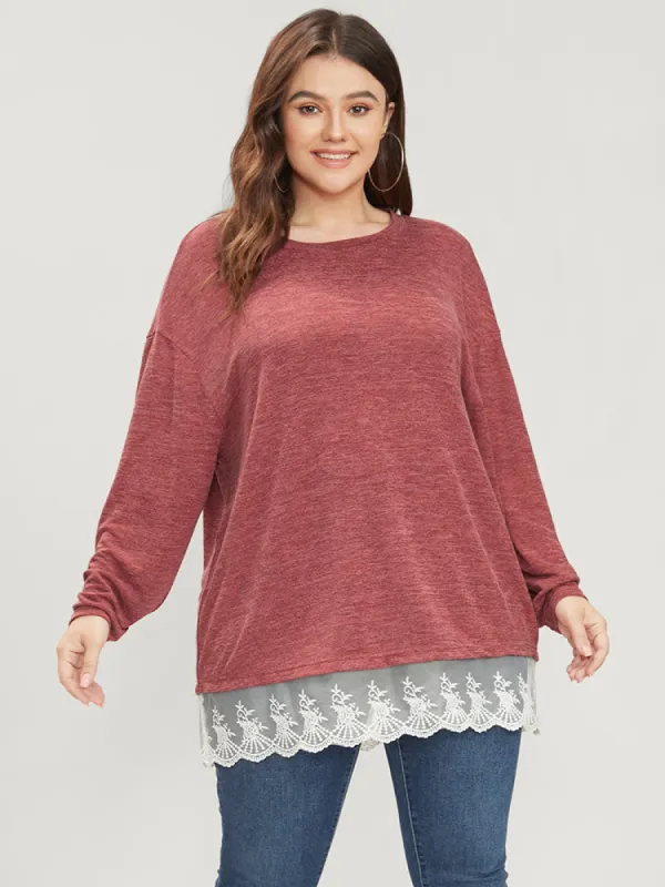 Solid Round Neck Lace Hem Long Tee sold by Bloomchic