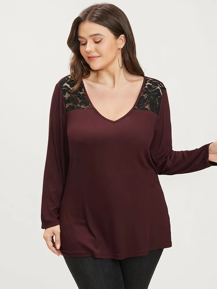 Solid V Neck Contrast Lace Rib Knit Long Tee sold by Bloomchic product image thumbnail 4