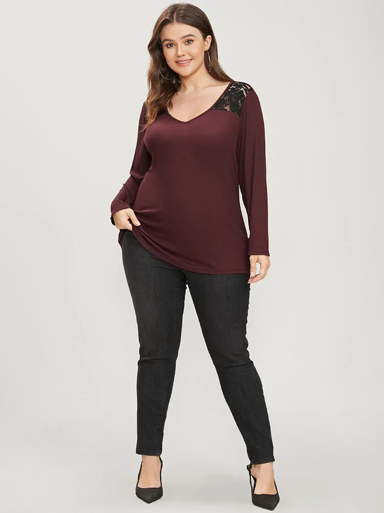 Solid V Neck Contrast Lace Rib Knit Long Tee sold by Bloomchic product image thumbnail 2