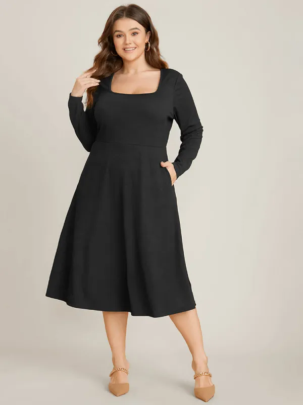 Solid Square Neck Pocket Rib Knit Midi Dress sold by Bloomchic