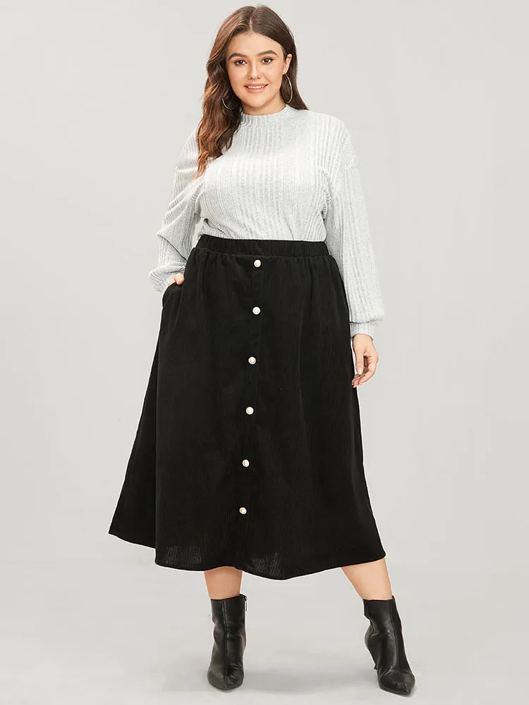 Solid Button Detail Pocket Elastic Waist Corduroy Skirt sold by Bloomchic product image thumbnail 4