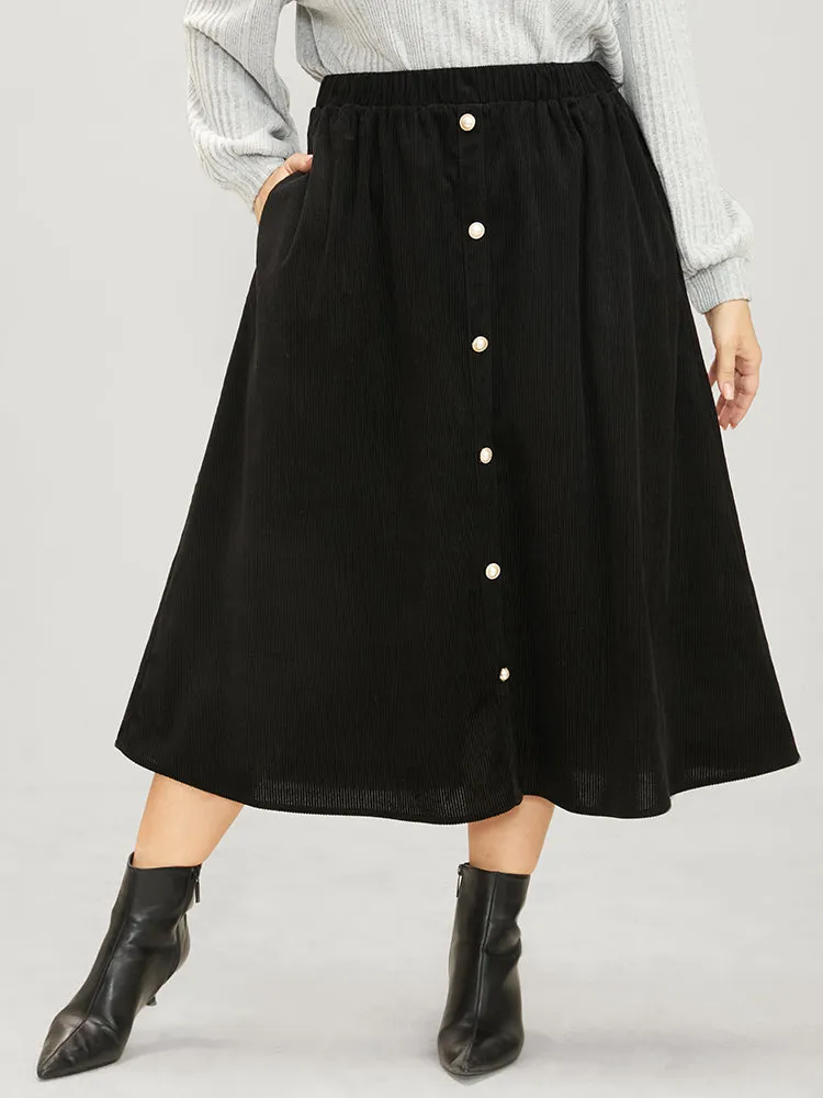 Solid Button Detail Pocket Elastic Waist Corduroy Skirt sold by Bloomchic