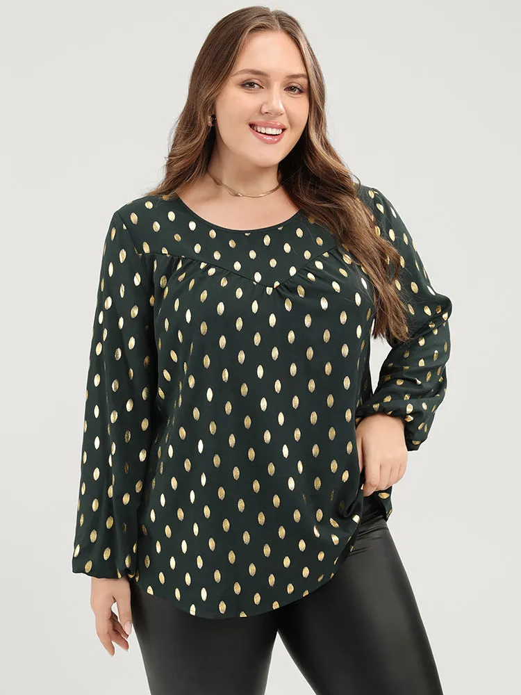 Polka Dot Round Neck Lantern Sleeve Blouse sold by Bloomchic