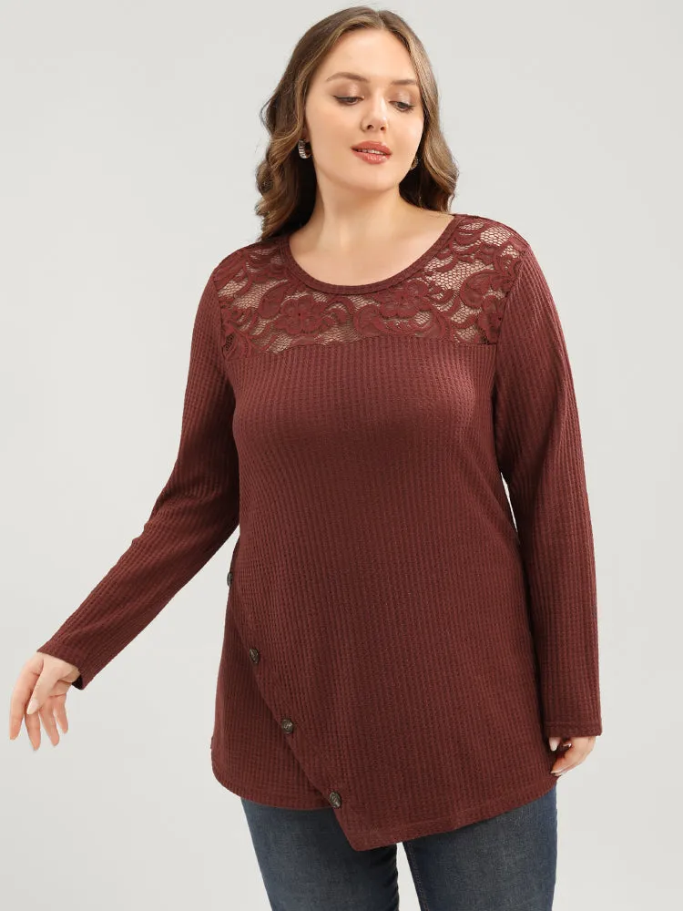 Solid Lace Button Detail Waffle Knit Sweatshirt sold by Bloomchic product image thumbnail 3