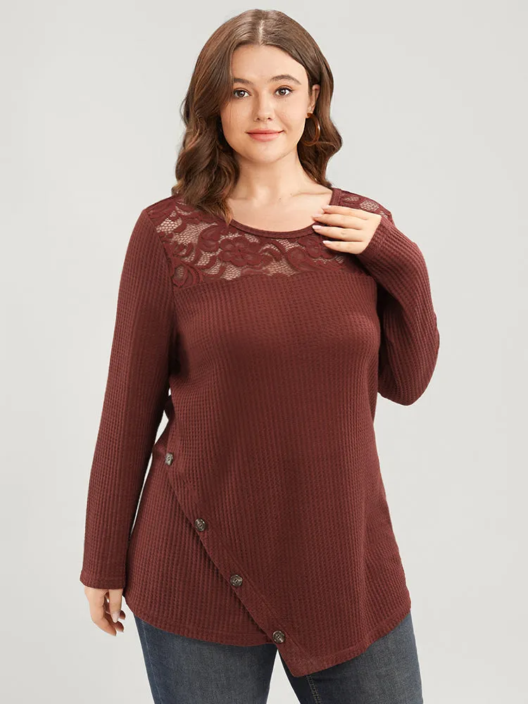 Solid Lace Button Detail Waffle Knit Sweatshirt sold by Bloomchic
