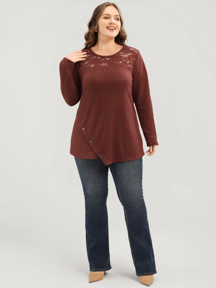 Solid Lace Button Detail Waffle Knit Sweatshirt sold by Bloomchic product image thumbnail 2