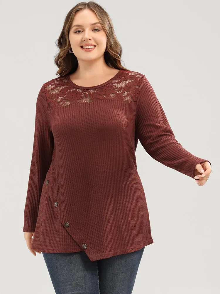 Solid Lace Button Detail Waffle Knit Sweatshirt sold by Bloomchic product image thumbnail 4