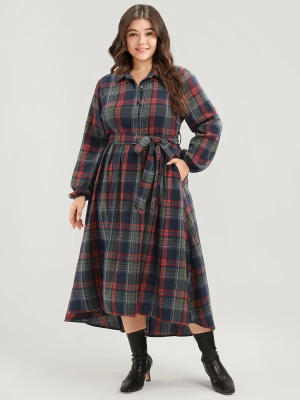Tartan Shirt Collar Lantern Sleeve Belted High Low Hem Dress sold by Bloomchic