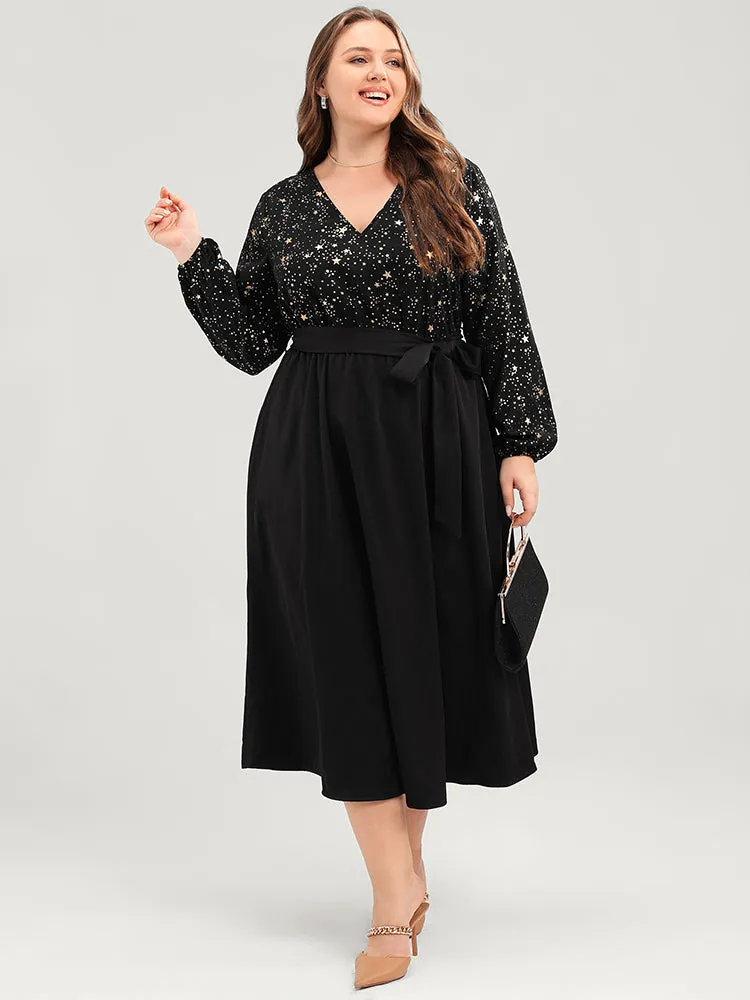 Star Print V Neck Pocket Lantern Sleeve Belted Midi Dress sold by Bloomchic product image thumbnail 3
