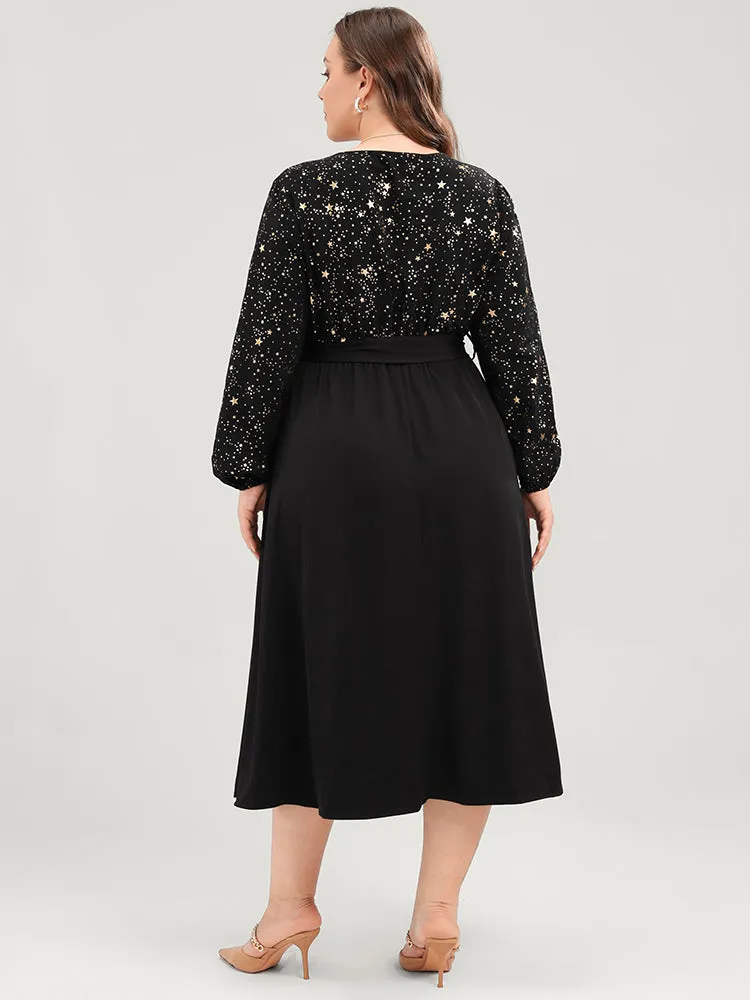 Star Print V Neck Pocket Lantern Sleeve Belted Midi Dress sold by Bloomchic product image thumbnail 4