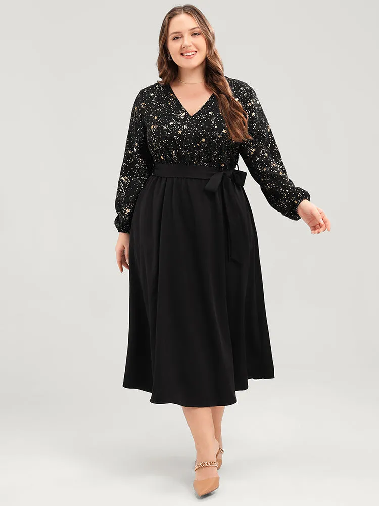 Star Print V Neck Pocket Lantern Sleeve Belted Midi Dress sold by Bloomchic