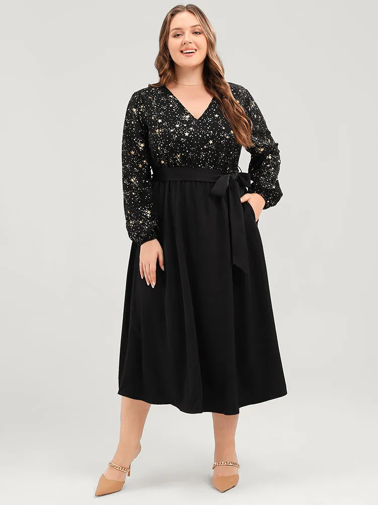 Star Print V Neck Pocket Lantern Sleeve Belted Midi Dress sold by Bloomchic product image thumbnail 2