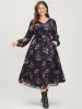 Floral Print V Neck Lantern Sleeve Pocket Belted Dress sold by Bloomchic