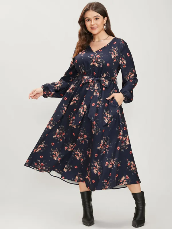Floral Print V Neck Lantern Sleeve Pocket Belted Dress sold by Bloomchic