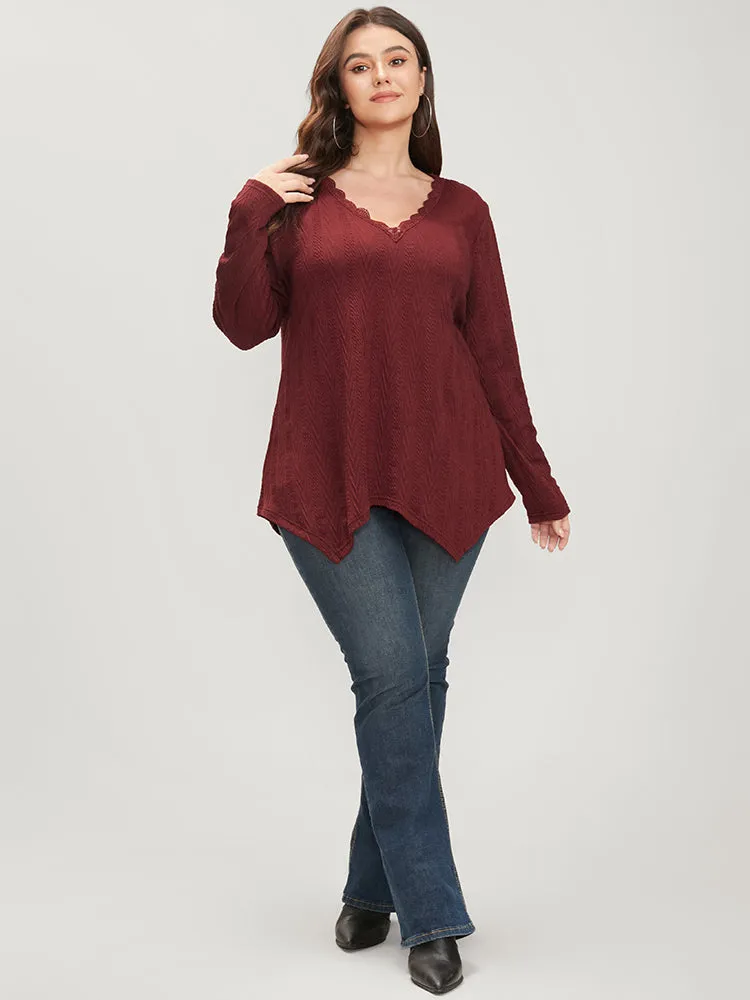 Solid V Neck Lace Trim Asymmetrical Hem Long Tee sold by Bloomchic product image thumbnail 3