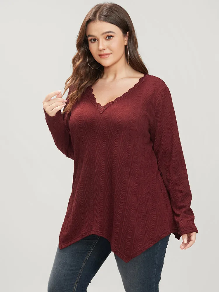 Solid V Neck Lace Trim Asymmetrical Hem Long Tee sold by Bloomchic product image thumbnail 4