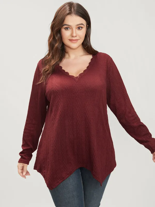 Solid V Neck Lace Trim Asymmetrical Hem Long Tee sold by Bloomchic