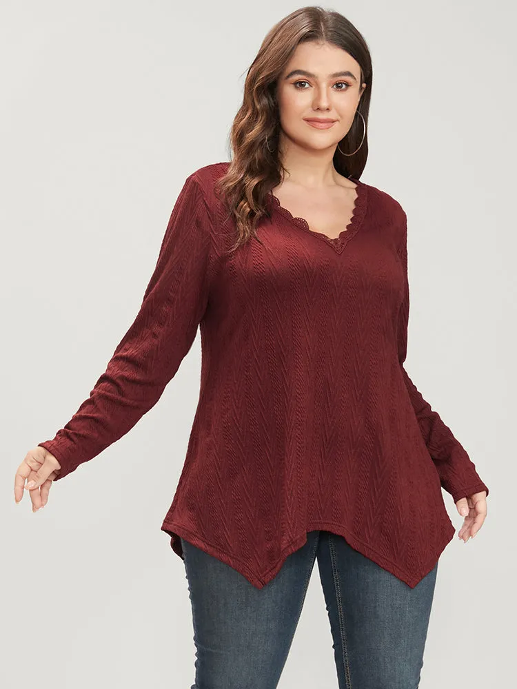 Solid V Neck Lace Trim Asymmetrical Hem Long Tee sold by Bloomchic product image thumbnail 2