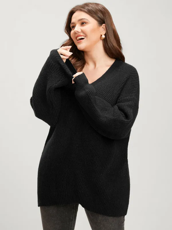 Solid Pointelle Knit Loose V Neck Knit Top sold by Bloomchic