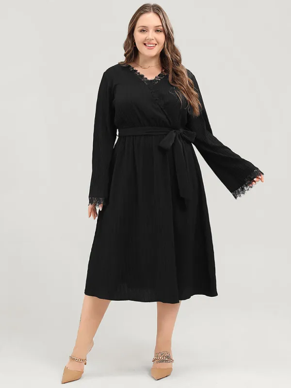 Solid Textured Bell Sleeve Pocket Contrast Lace Belted Dress sold by Bloomchic