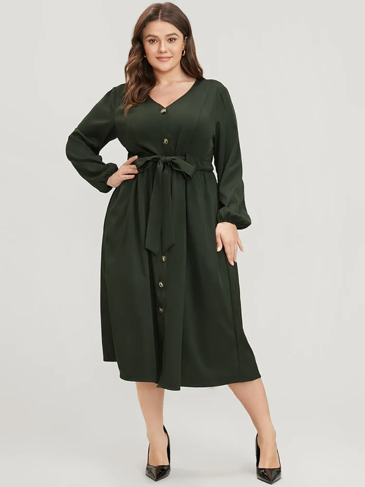 Solid Button Through Pocket Lantern Sleeve Tie Up Dress sold by Bloomchic