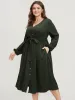 Solid Button Through Pocket Lantern Sleeve Tie Up Dress sold by Bloomchic